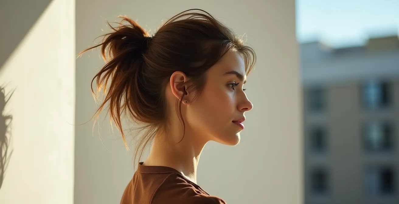 Seitliches Porträt einer Frau mit perfekt unperfektem Undone-Look und minimalistischem Make-up.