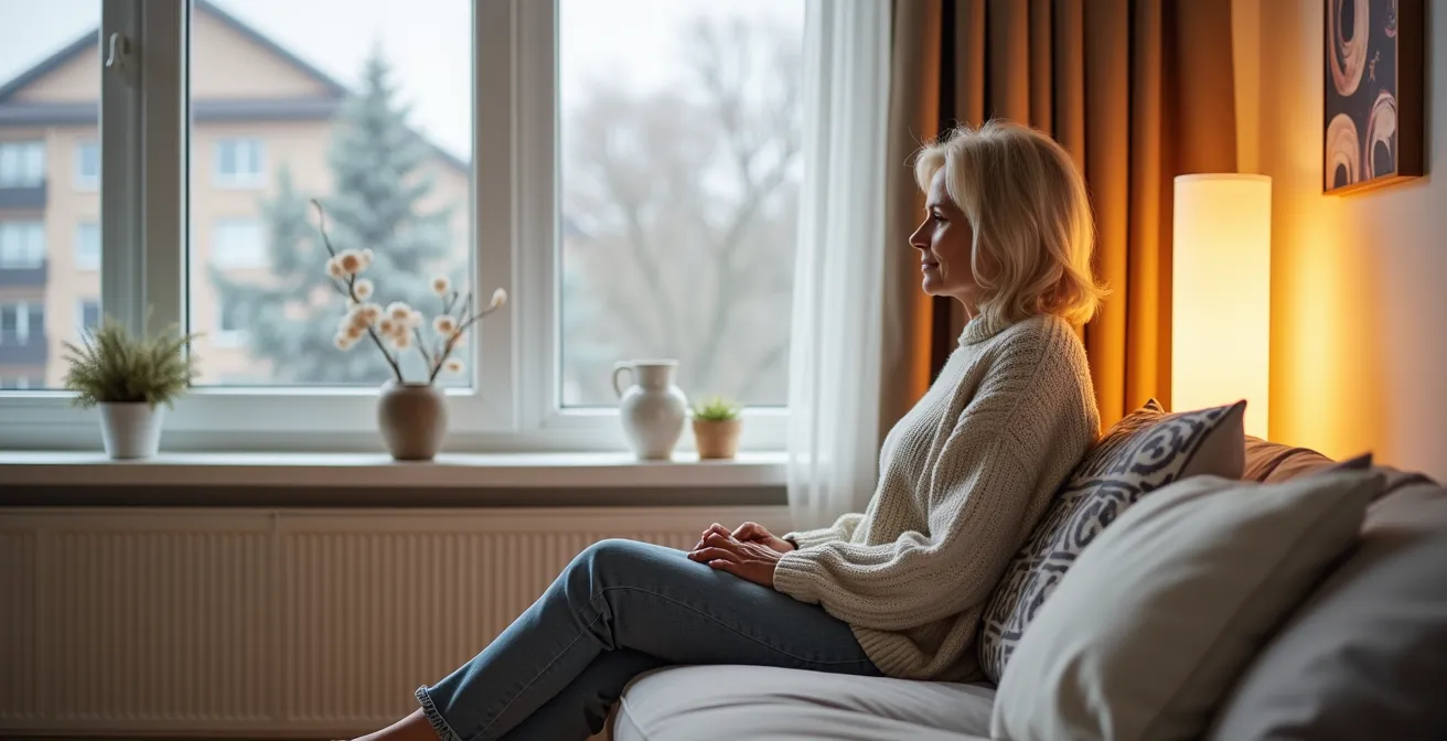 Frau bei Morgenroutine mit Tageslichtlampe in deutschem Winterambiente