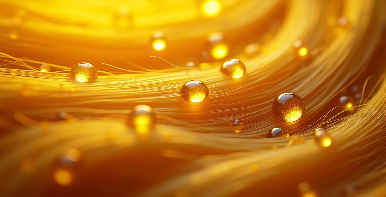 Makroaufnahme von goldenen Öltropfen auf Haarsträhnen, die den Unterschied zwischen eindringenden und versiegelnden Ölen symbolisieren