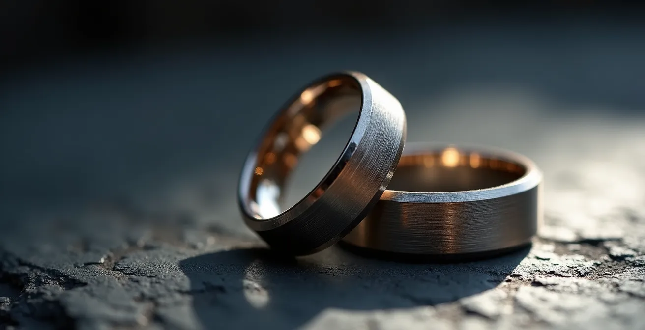 Makroaufnahme zweier Ringe mit mattierter und polierter Oberfläche im direkten Vergleich