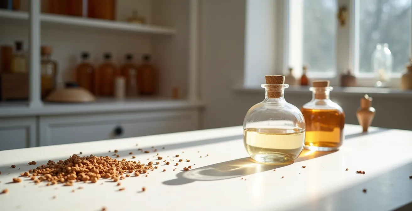 Nahaufnahme von Oud-Holzspänen und handgefertigten Glasflakons in einer deutschen Parfümmanufaktur