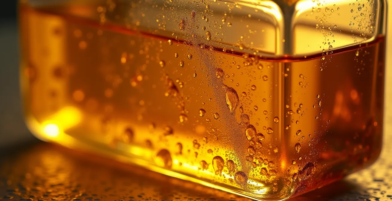 Makroaufnahme oxidierter Duftmoleküle und Feuchtigkeitseinwirkung auf Parfum