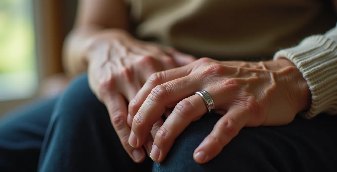 Nahaufnahme eines Platinrings mit sichtbarer, natürlicher Patina nach fünf Jahren täglichen Tragens, getragen an der Hand einer älteren Person.