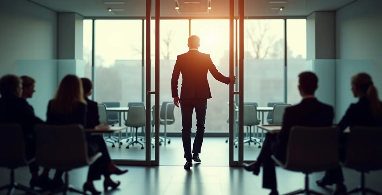 Eine Frau betritt selbstbewusst einen Konferenzraum mit aufrechter Haltung, während die Anwesenden ihr die Aufmerksamkeit zuwenden.