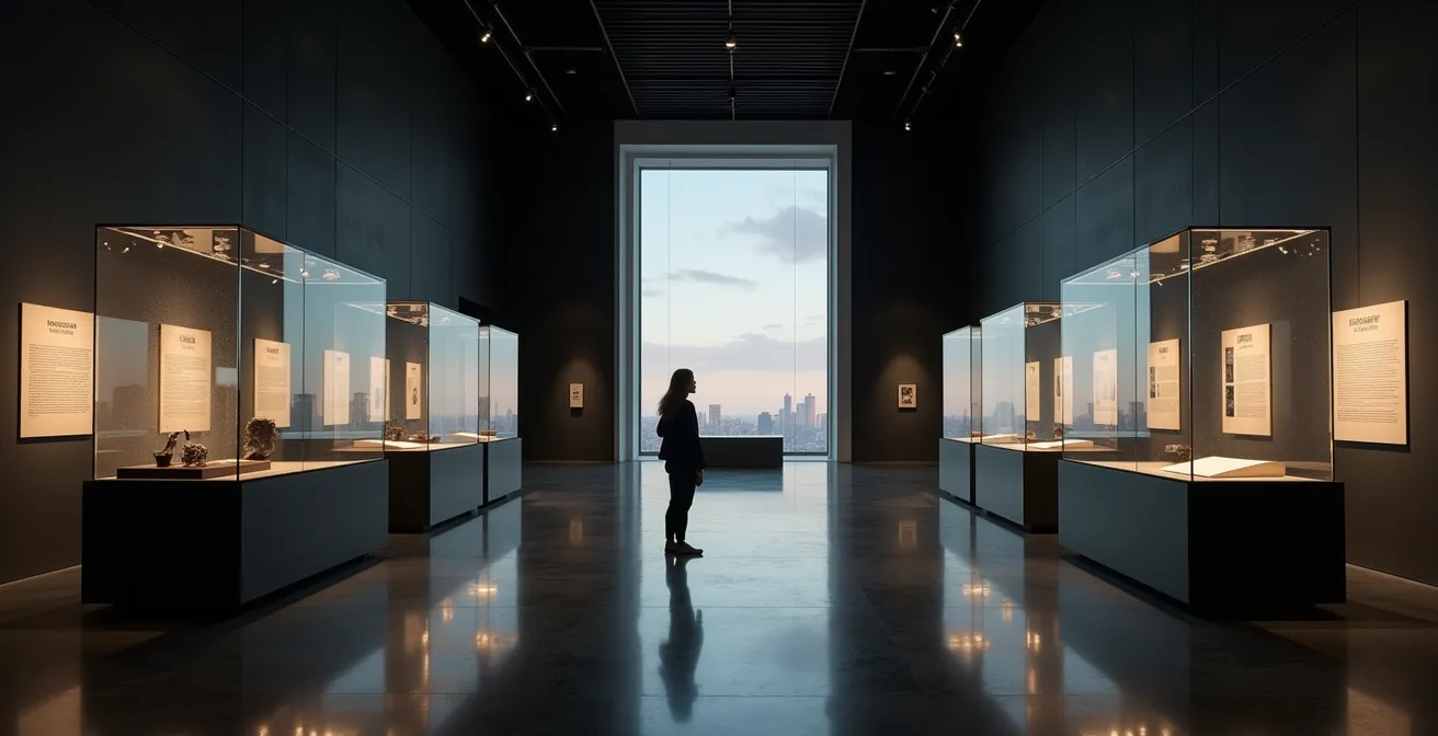 Museale Präsentation von historischem Schmuck in beleuchteten Vitrinen