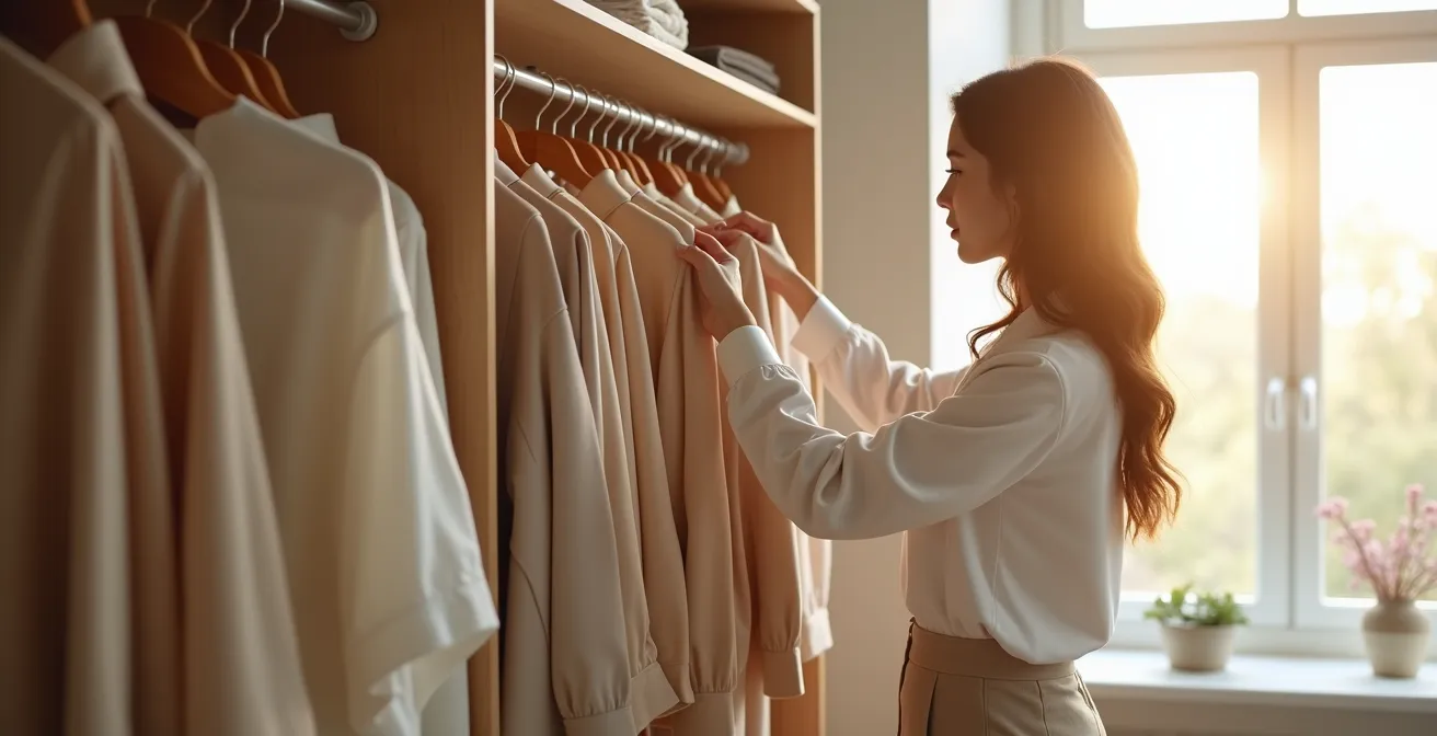 Frau wählt bewusst morgendliche Kleidung vor minimalistischem Kleiderschrank
