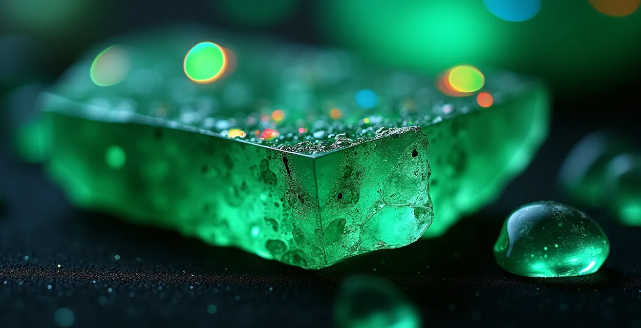 Mikroskopaufnahme eines Smaragds mit sichtbaren Ölfüllungen in den Rissen