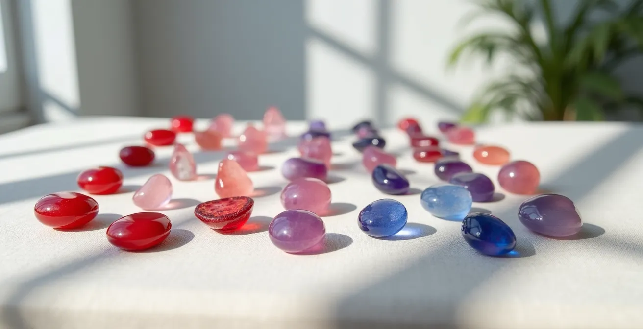 Verschiedene Spinell-Edelsteine in unterschiedlichen Farben auf Samttuch arrangiert