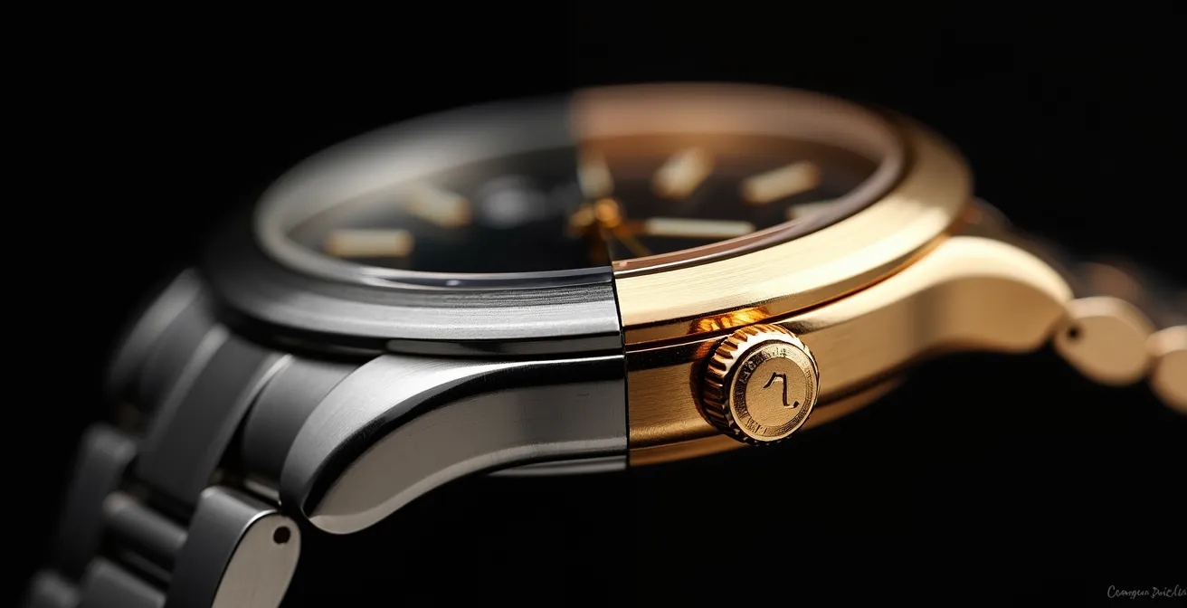 Nahaufnahme einer Stahl-Sportuhr neben einer goldenen Dresswatch auf dunklem Hintergrund