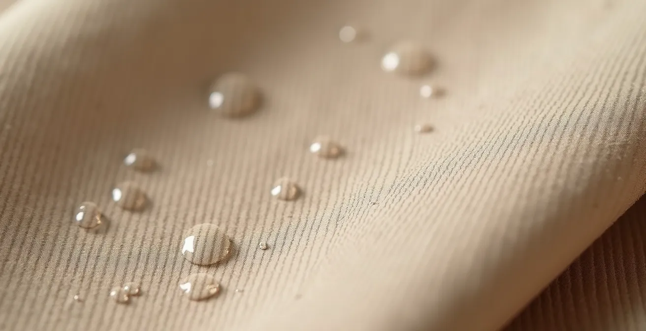 Nahaufnahme eines beigen Trenchcoat-Stoffes mit Wassertropfen, die abperlen