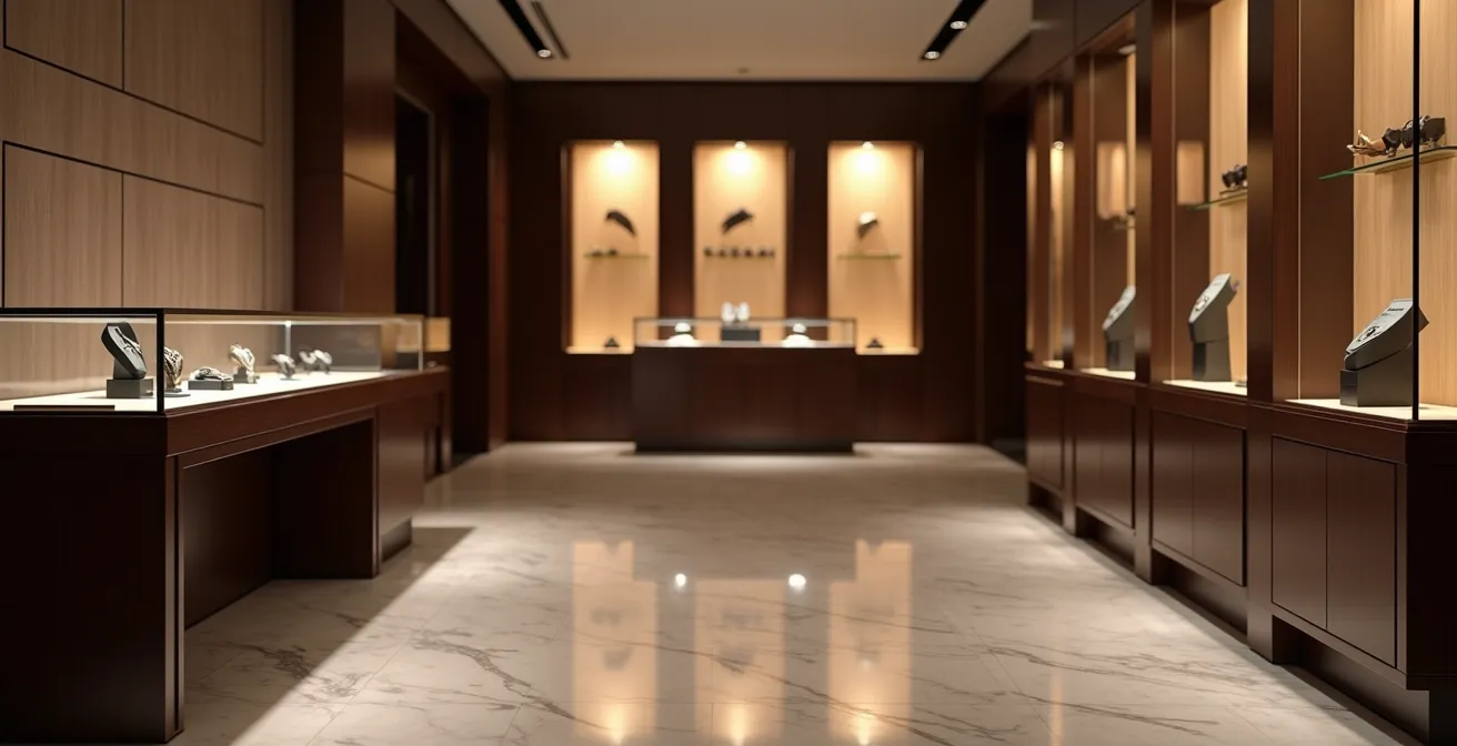 Elegante Uhrenboutique Innenansicht mit Vitrinen im Hintergrund