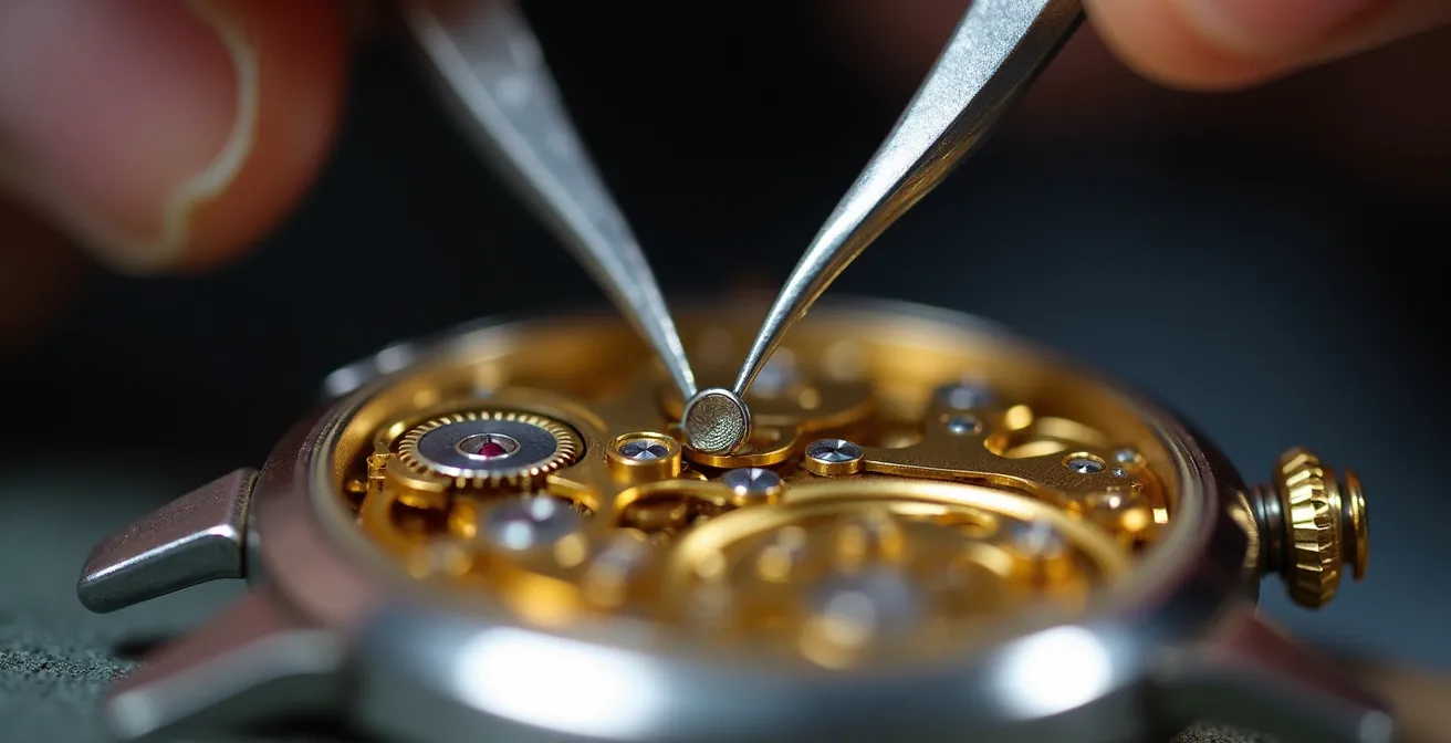 Detailaufnahme einer Uhrmacherwerkbank während der Revision