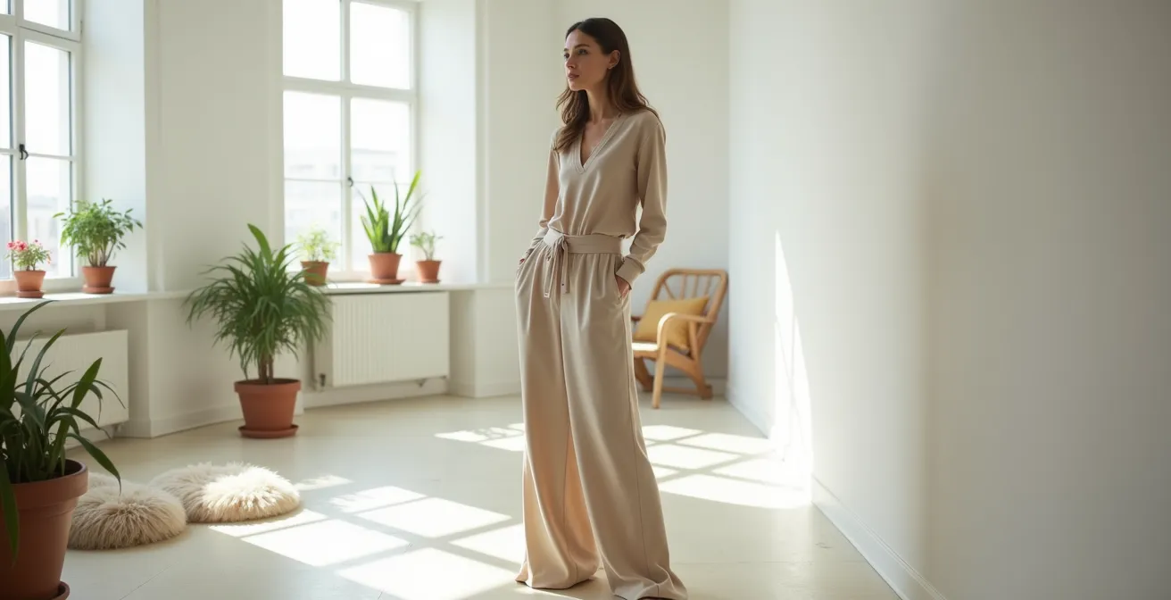 Frau mit V-Figur in fließendem Outfit mit weiter Marlene-Hose und schmalem Oberteil