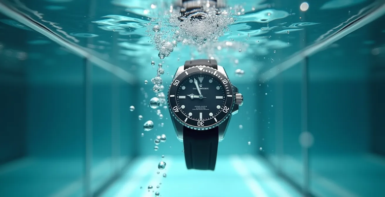 Wasserdichtigkeitstest einer Taucheruhr in der Werkstatt