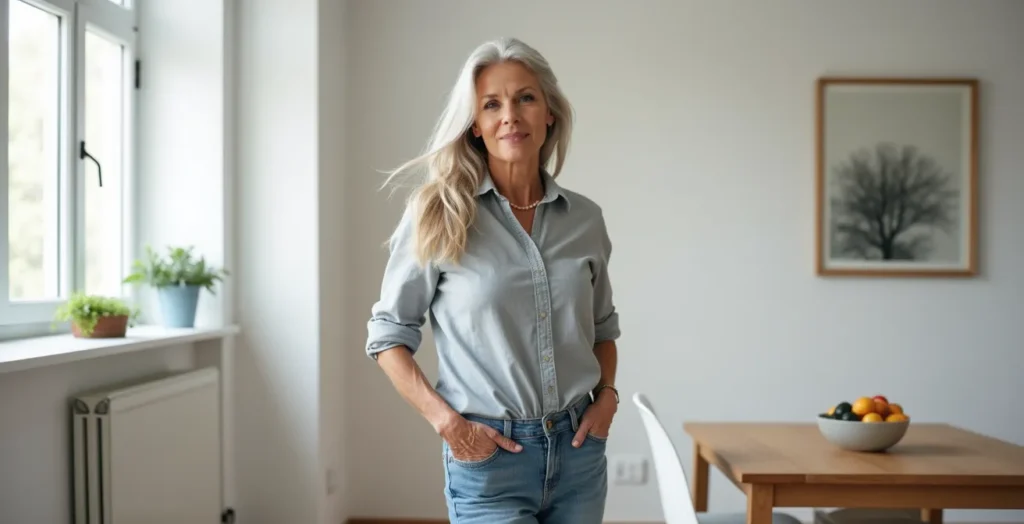 Frau über 50 mit langen silbergrauen Haaren in elegantem Stil Frau über 50 mit langen silbergrauen Haaren in elegantem Stil