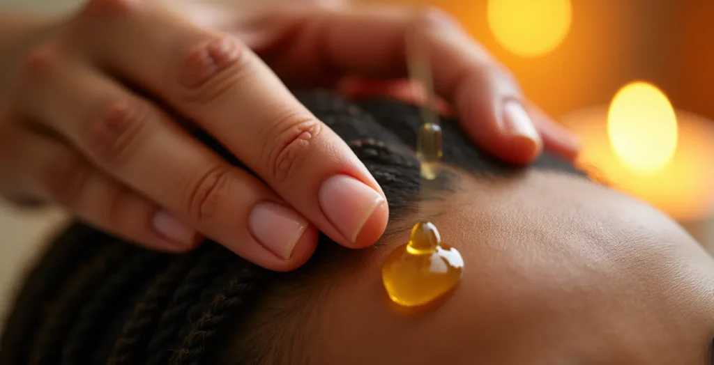 Nahaufnahme einer entspannten Kopfhautmassage mit natürlichen Ölen Nahaufnahme einer entspannten Kopfhautmassage mit natürlichen Ölen
